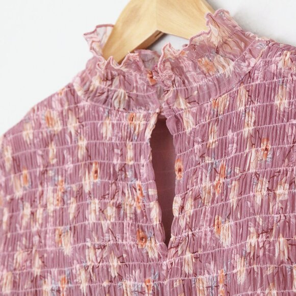 NEW Lulu's Sophisticated Blossom Mauve Pink Floral Mesh Smocked Mock Neck Top XL - Picture 6 of 15